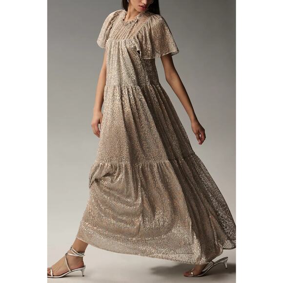 New By Anthropologie Short-Sleeve Mock-Neck Maxi Dress $178 SMALL Silver & Gold - Picture 4 of 5